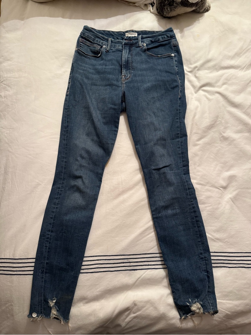 Good American Dark Blue Skinny Jeans with Distressed Hem